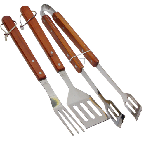3pcs Blooma BBQ Tools Set Wood Metal Barbeque Fork Spatula Tong Utensils Set 