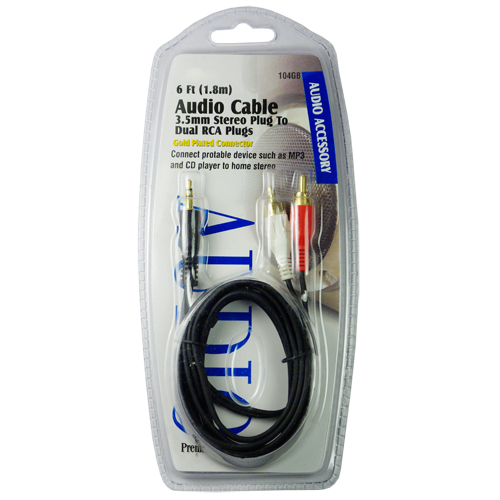 6FT Audio Cable 3.5 MM Stereo Plug to Dual RCA Plugs